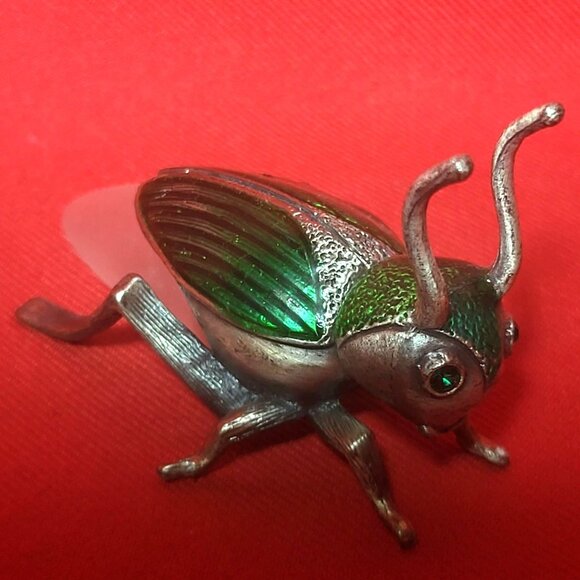 Decorative Scarab Beetle Metallic Silver Colored Body Green Textured Back - Picture 8 of 10
